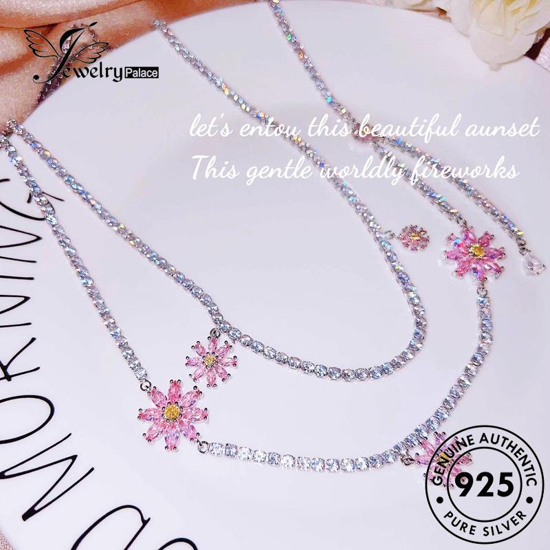 Jewelrypalace Little Silver Original Set Kristal Pink Wanita Berlian925 Kalung Daisy S496