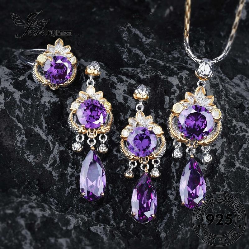 Perhiasantempat Pisces Perak925 Wanita Asli Bermain Kalung Lotus Amethyst Set S609