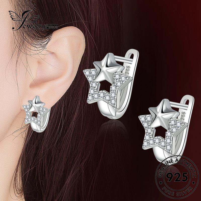 Jewelrypalace Anting Wanita Hoop Berlian Moissanite925 Pentagram Perak Emas Asli E720