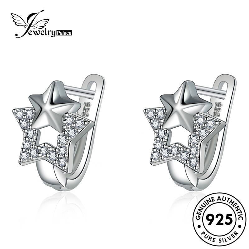 Jewelrypalace Anting Wanita Hoop Berlian Moissanite925 Pentagram Perak Emas Asli E720