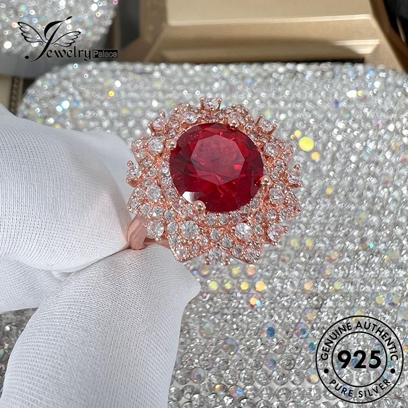 Tempat Perhiasan Wanita Emas925 Bunga Perak Halus Ruby Cincin Asli R1737