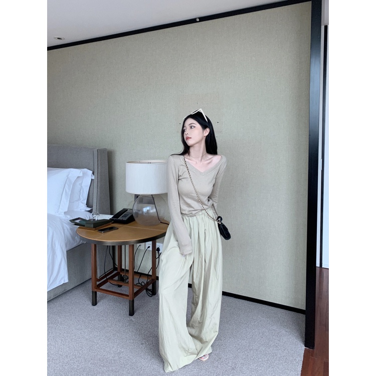 Red Korea V-Leher Bahu Depan T-shirt Wanita Musim Panas Baru Retro Dalam Membangun Slim Pendek Lengan Panjang Tipis Kemeja top