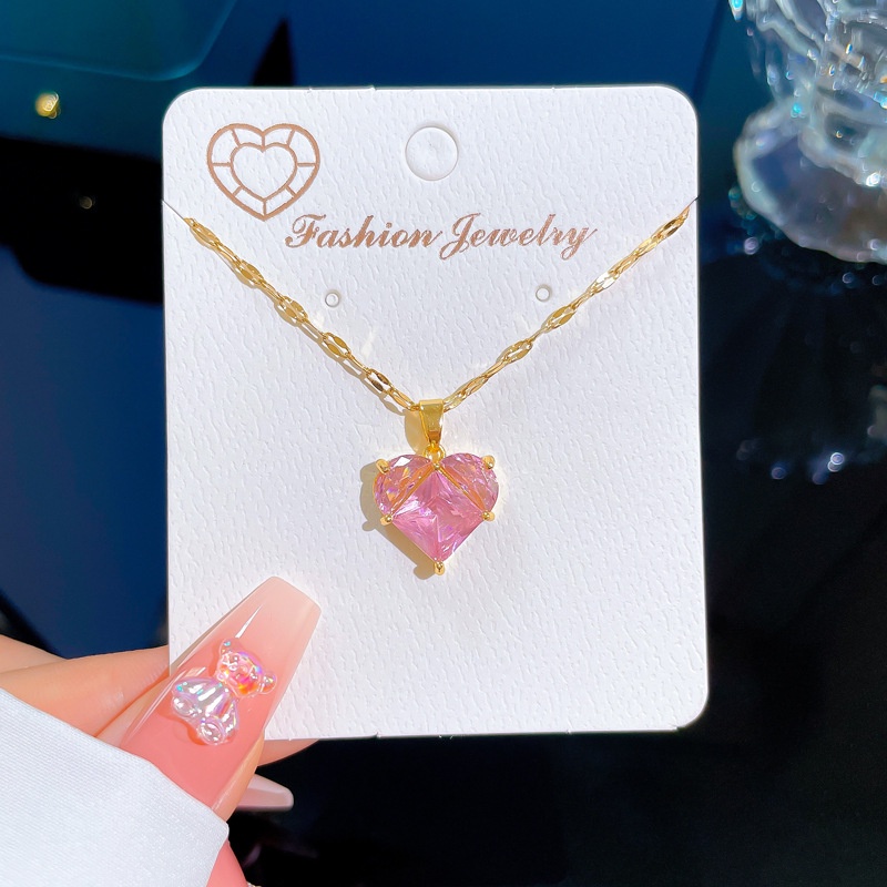 Kalung Hati Kristal Pink Korea Zirkon Merah Muda Liontin Cinta Kalung Colorfast Titanium Necklace
