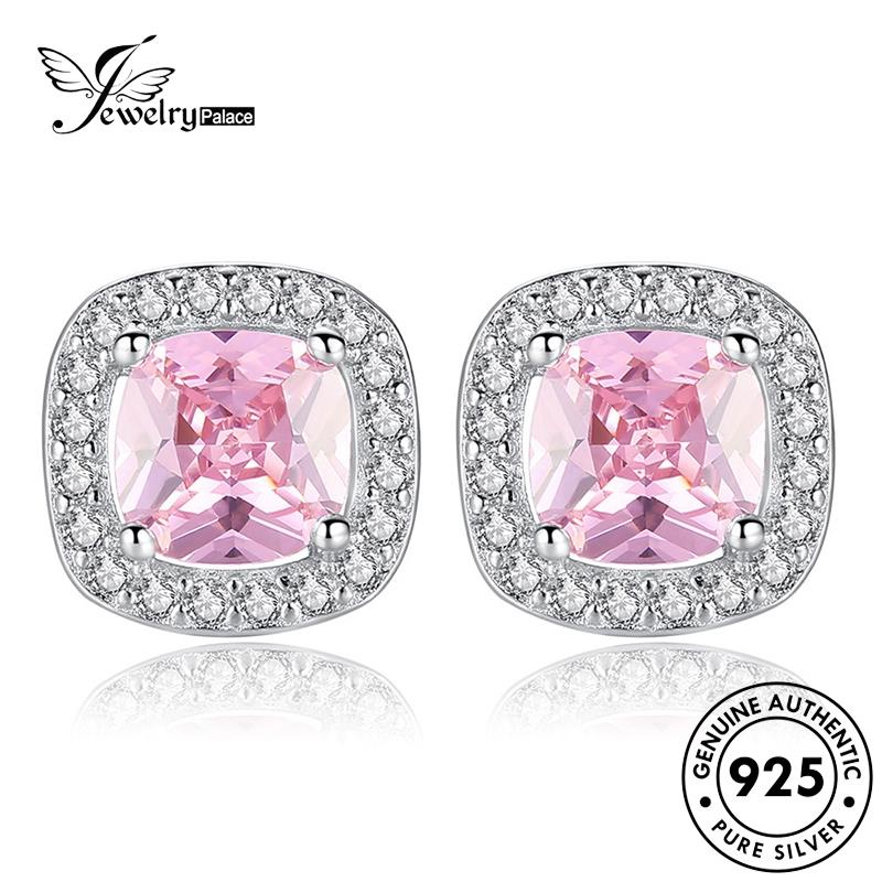 Jewelrypalace Wanita Anting Perak925 Kristal Stud Berlian Persegi Kepribadian Asli Pink E99