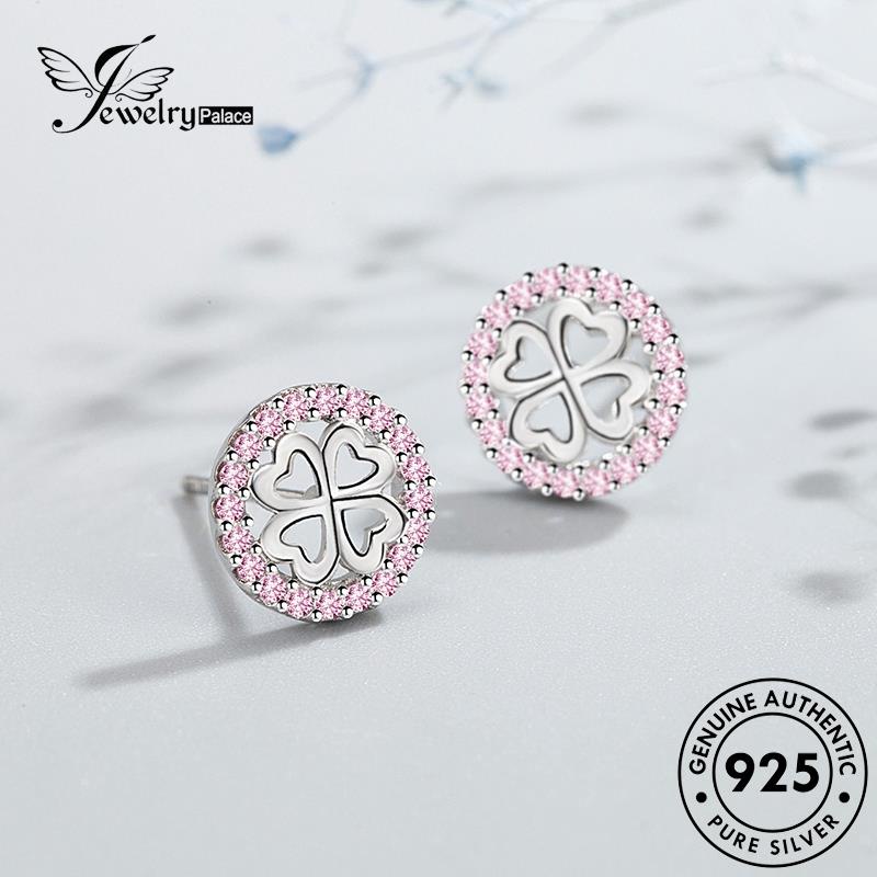 Jewelrypalace Kristal Fashion Wanita Berlian Asli Anting Perak Bulat Pink Stud925 E211