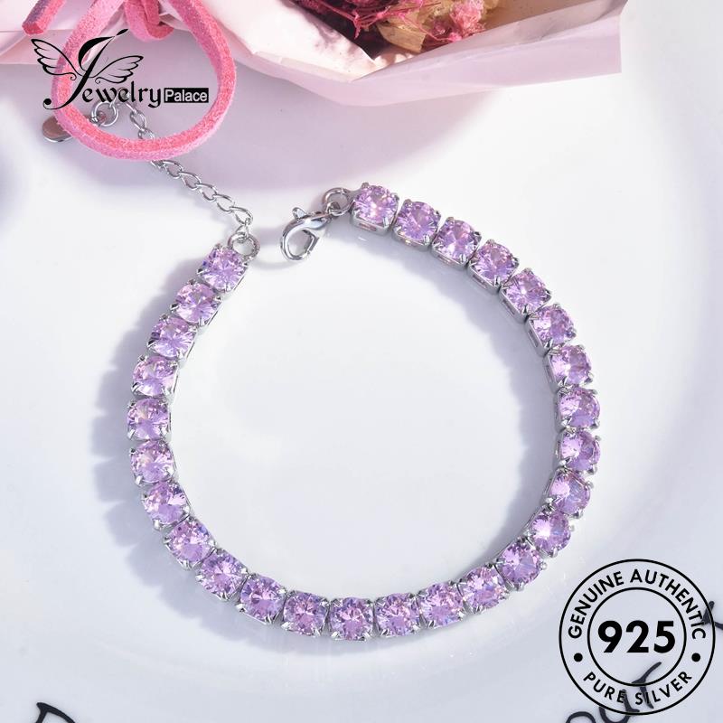 Jewelrypalace Kristal Persegi Silver Pink Wanita Gelang Berlian Asli925 B532