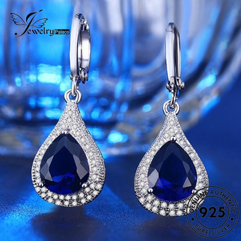 Jewelrypalace Anting Wanita Bentuk Tetes Hoop Safir Perak Asli925 E107