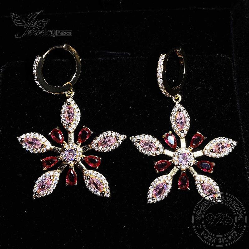 Jewelrypalace Snowflake Berlian Emas Asli Anting Hoop Silver Pink Kristal925 Wanita E839