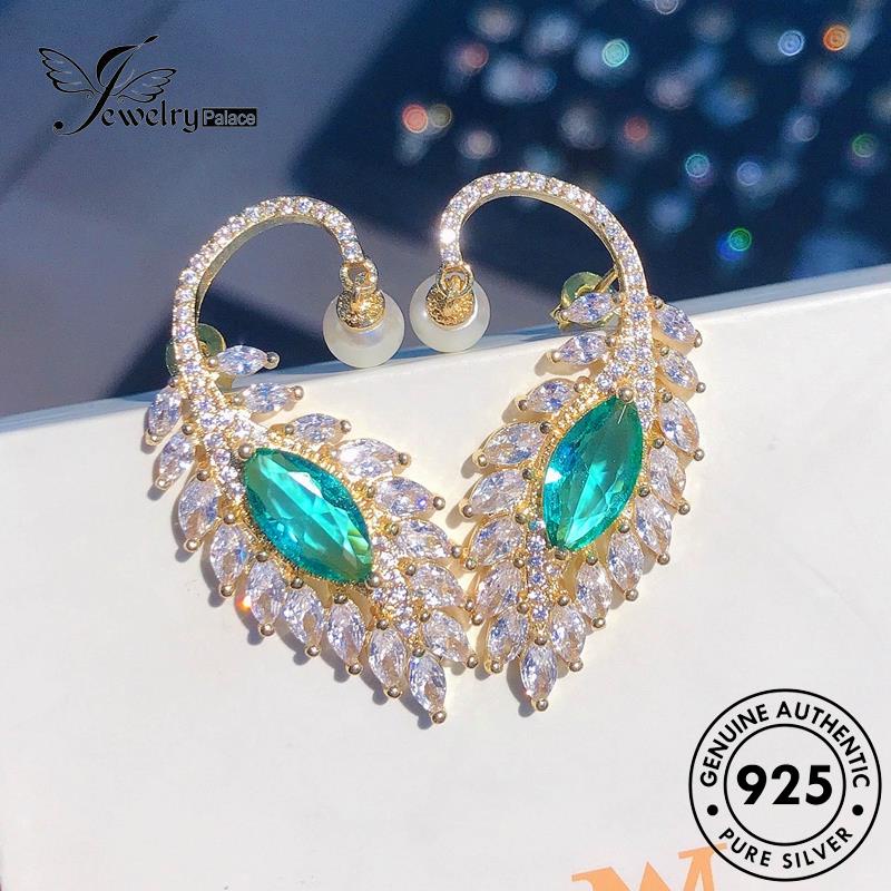 Jewelrypalace Anting Perak Merak Wanita Asli Stud Emerald Feather925 E1063