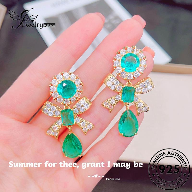 Jewelrypalace Stud Wanita925 Anting Emerald Ikat Asli Busur Perak E1239