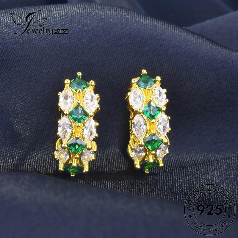 Jewelrypalace Anting Hoop Perak Kuda Wanita925Mata Emas Asli Emerald E1252