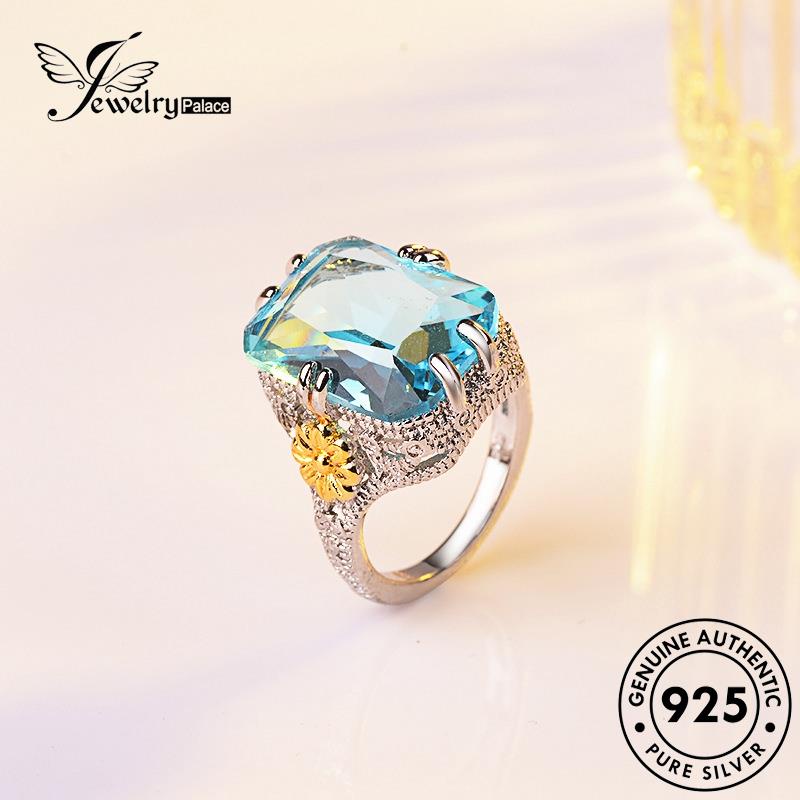 JEWELRYPALACE Murni Silver Cincin Kawin Diamond Perak Original Sterling Silver Aquamarine Personalized Nikah 925 Asli Aksesori korea Square Wanita Perhiasan R688