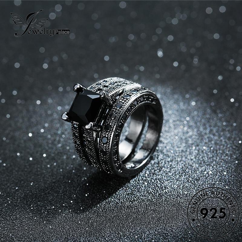 JEWELRYPALACE Pasangan Asli Aksesori Square Silver Obsidian Sterling korea Perhiasan Murni Diamond Perak Original Couple 925 Personality Kawin Nikah Silver Black Cincin R725