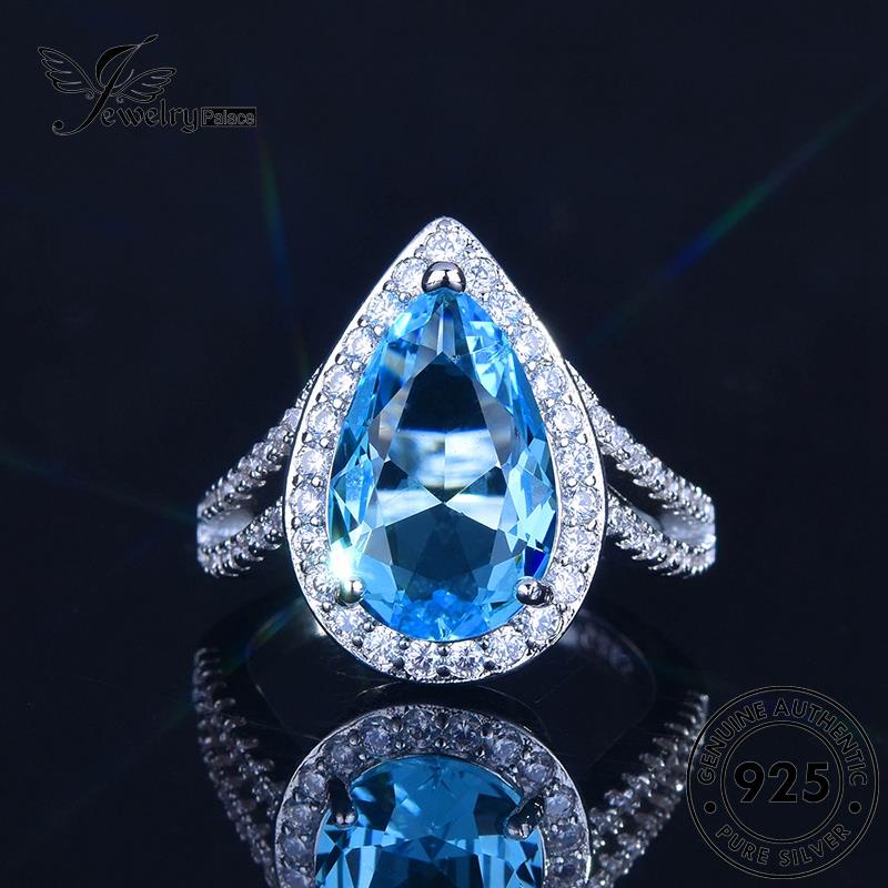JEWELRYPALACE Aksesori Murni Wanita Asli Perak Original Cincin Kawin Shape 925 Silver korea Sterling Nikah Pear Aquamarine Perhiasan Classic Silver R2159
