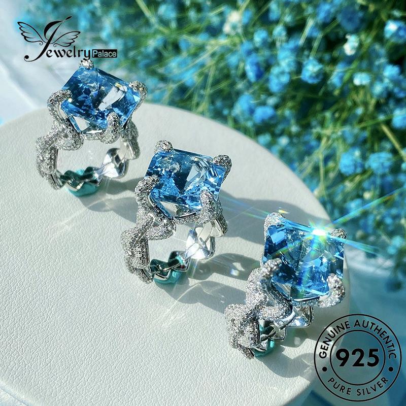 JEWELRYPALACE Sterling Square Cincin Silver Nikah Aksesori Murni Silver Luxury Asli Aquamarine Original 925 Wanita korea Kawin Perak Perhiasan R2301