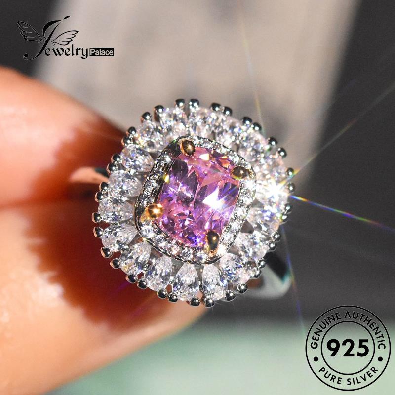 JEWELRYPALACE Cincin Murni Silver Perak Diamond 925 Crystal Nikah Temperament korea Asli Perhiasan Original Wanita Sterling Aksesori Pink Kawin Silver Square R2490