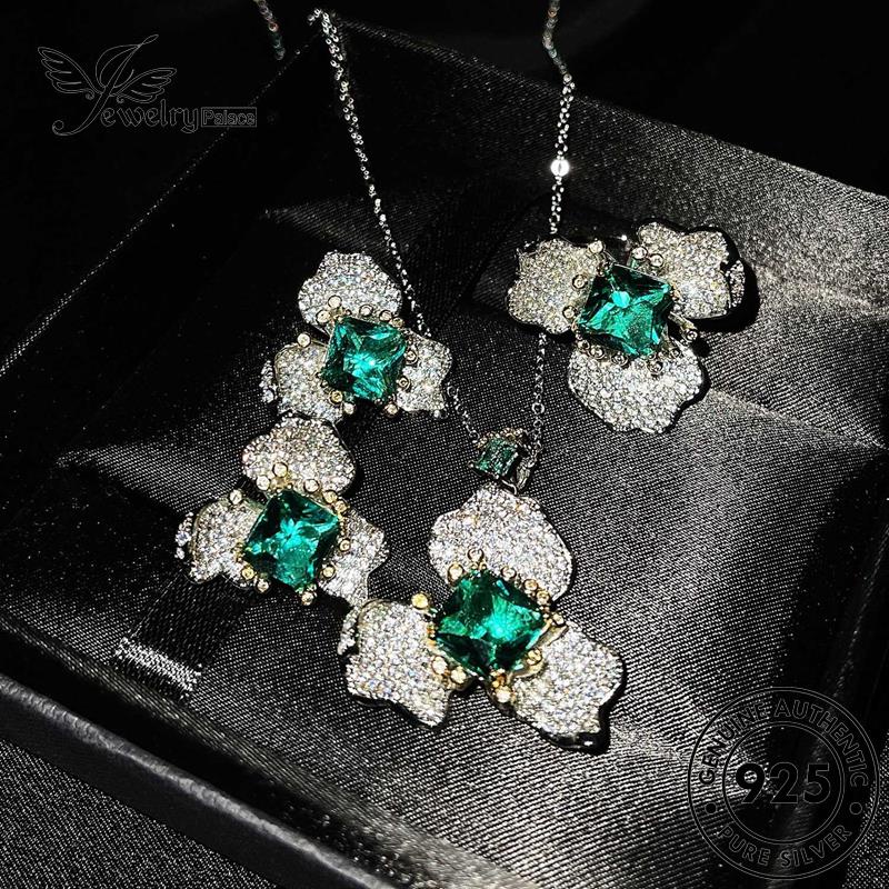 Jewelrypalace Set Emerald Asli Fashion Bunga Perak Wanita925 Kalung S106