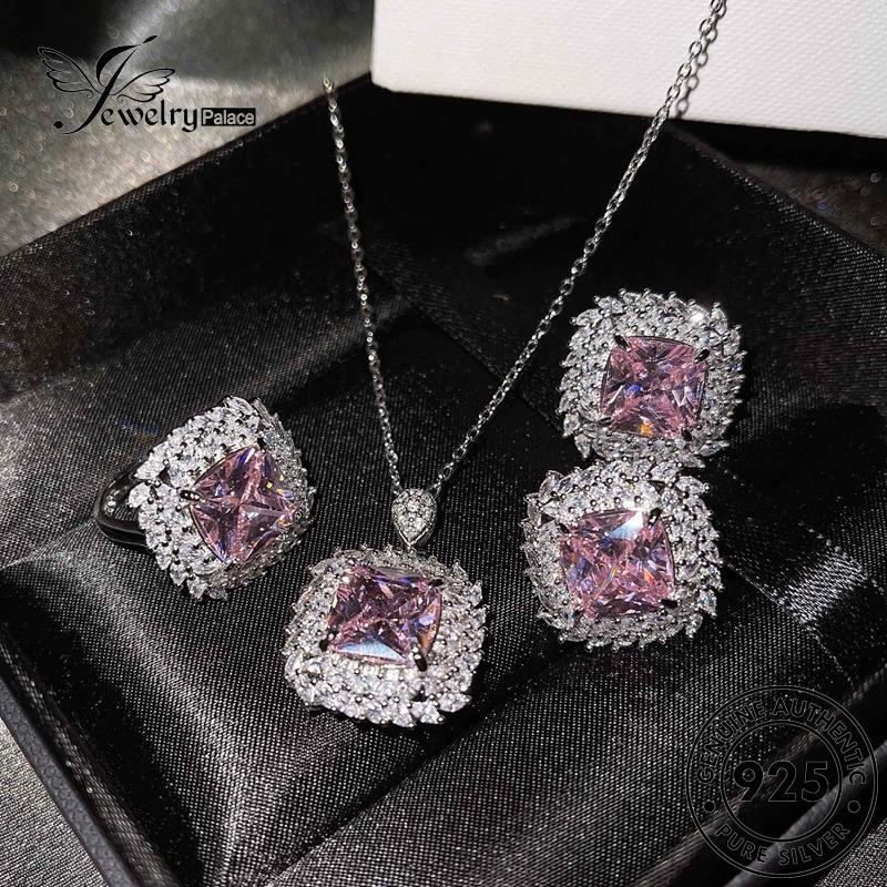 Jewelrypalace Perak Temperamen925 Pink Wanita Kalung Kristal Berlian Set Asli S144