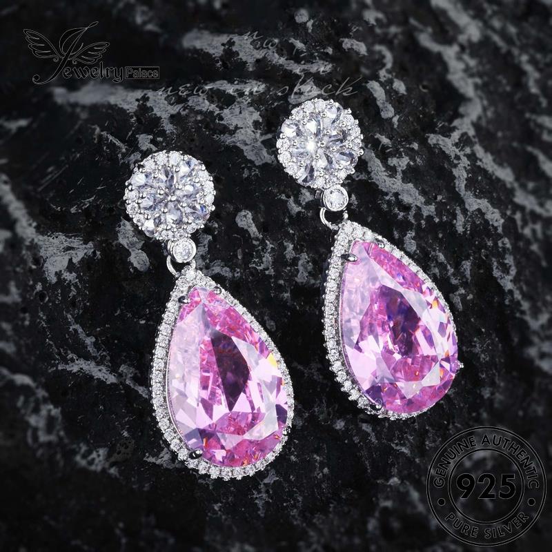 Jewelrypalace Kalung Air Droplet925 Set Pink Asli Perak Wanita Berlian Temperamen Kristal S213