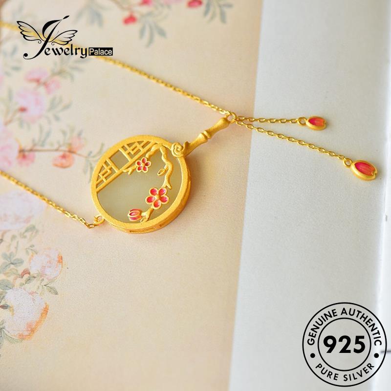 Set Perhiasanpalace Asli Wanita Perak Retro Kalung Giok Kipas925 S297