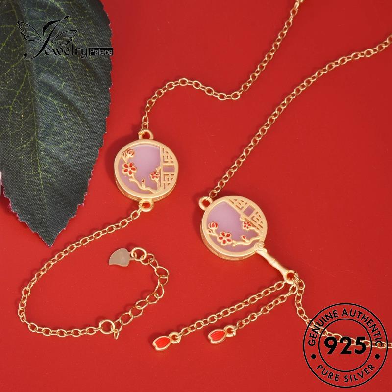 Set Perhiasanpalace Asli Wanita Perak Retro Kalung Giok Kipas925 S297