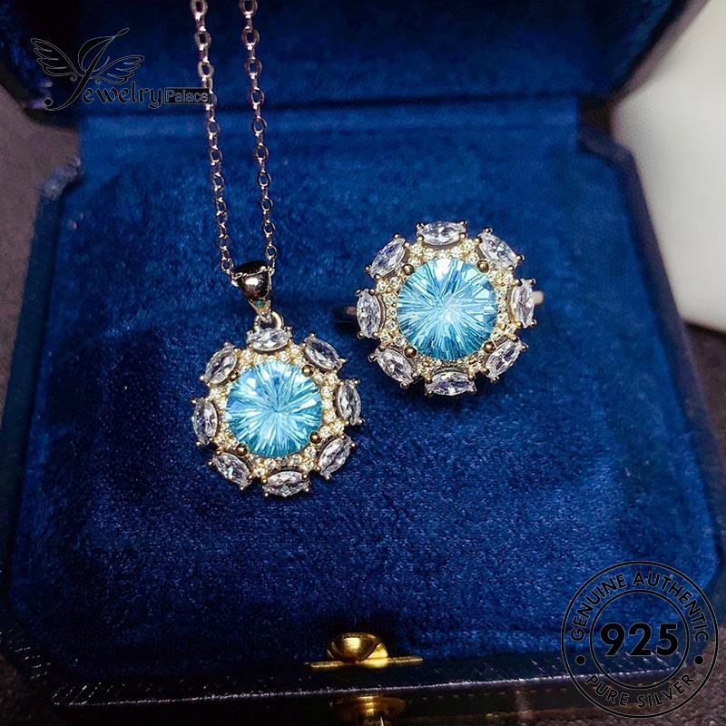 Jewelrypalace 925set Perak Asli Fashion Aquamarine Wanita Kalung Bulat S420