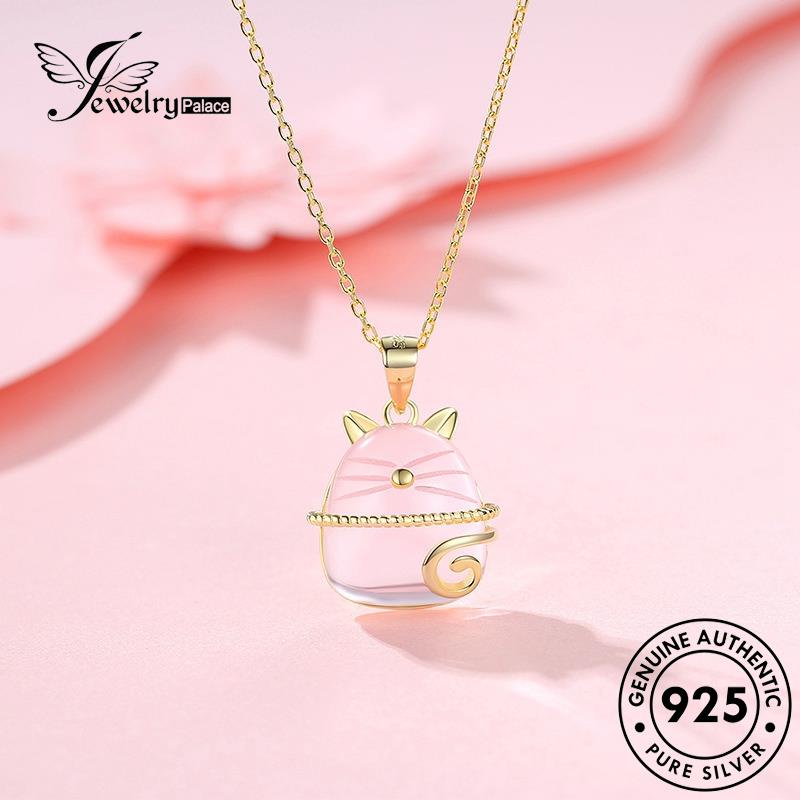 Jewelrypalace Kalung Perak Berlian Beruntung Asli Pink Cat 925set Kristal Wanita S386