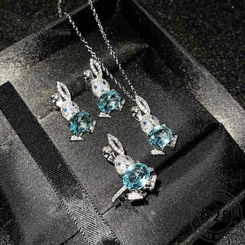 Tempat Perhiasan Wanita Asli Set Kalung Perak925 Aquamarine Bunny Cute S431