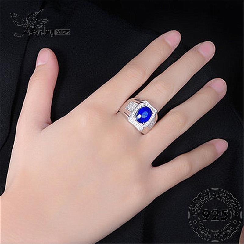 Tempat Perhiasan925Cincin Perak Oval Domineering Safir Asli Pria R11