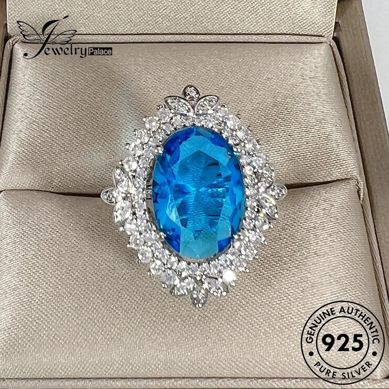 Tempat Perhiasan Wanita Perak925 Asli Aquamarine Cincin Emas Mewah Oval R489