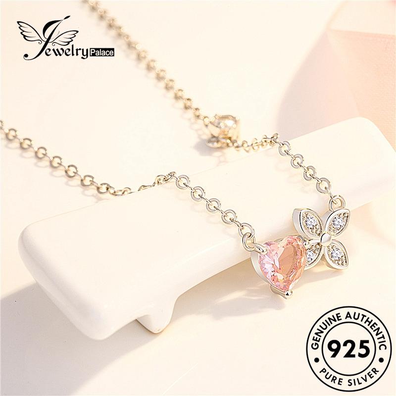 Perhiasantempat Daun Kristal Clover Simple925 Pink Perak Empat Asli Wanita Set Kalung Berlian S3