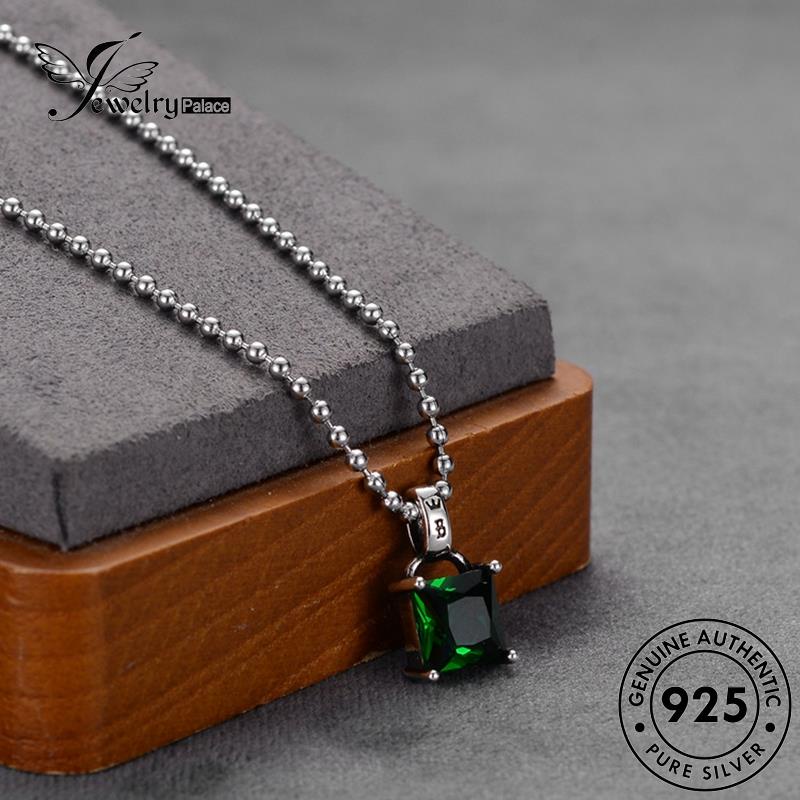 Tempat Perhiasan Wanita Asli Persegi Berlian925 Perak Emerald Kalung Simple N38