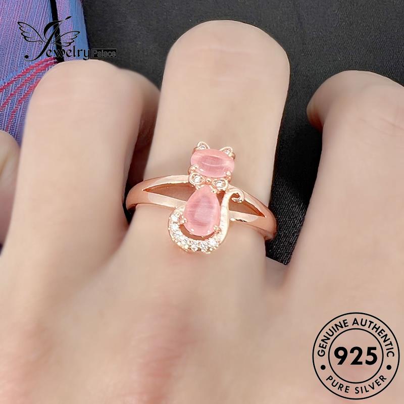 Jewelrypalace Emas Kucing Berlian Asli Wanita Lucu Perak Kristal925Cincin Pink R1719