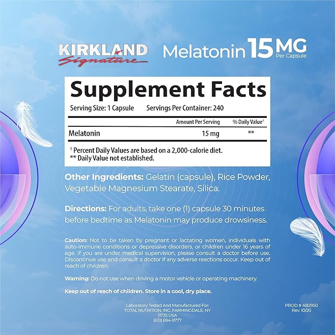 Kirkland Melatonin 15 Mg Capsule Nighttime Sleep Aid Natural Sleep Support Supplement