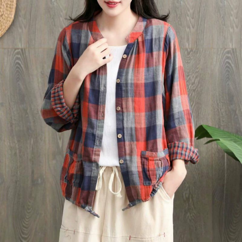 MDLV ~9872# Darlyn Double Cloth Shirt Blouse Kemeja Kotak Import