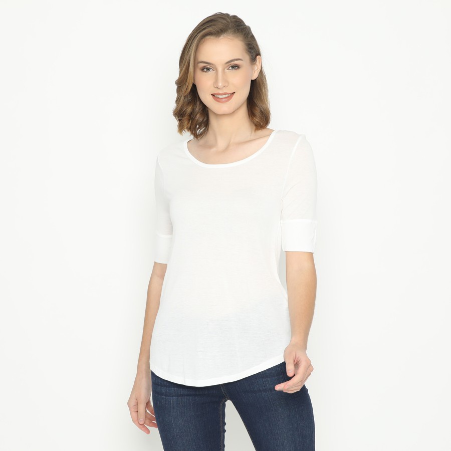 Kaos Wanita HnM Basic Tee Quarter Sleeve White HnM Polos