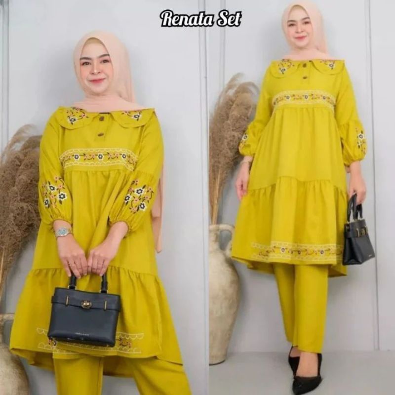 setelan wanita terbaru tunik dan celana||bahan shakila||renata set