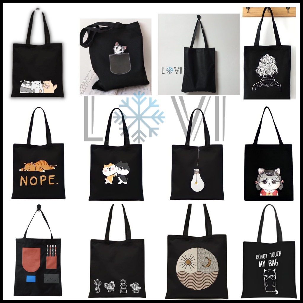 Tote Bag Kanvas Wanita (Pakai Perekat) Hitam Korea Murah [BISA COD]