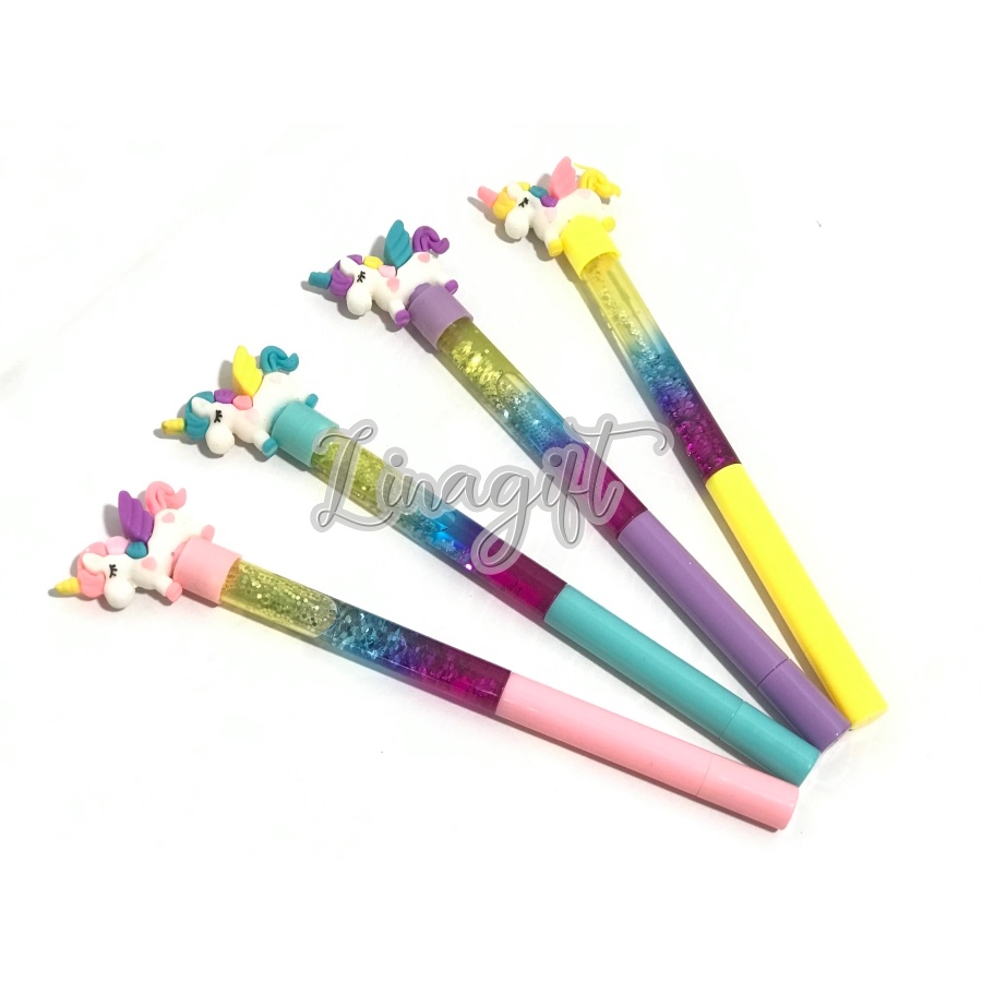 ( Ecer 1 Pc ) PEN GEL GLITTER AIR - PENA KARAKTER ANAK / PULPEN WAND SOUVENIR GLITER - UNICORN FLAMINGO TAYO LOL SQUIN SEQUIN