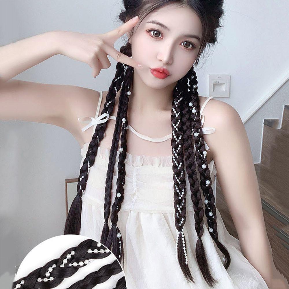 Needway   Wig Kepang Sintetis Streetwear Rambut Lampion Elastis Untuk Anak Perempuan Rambut Gimbal Krean Hair Band