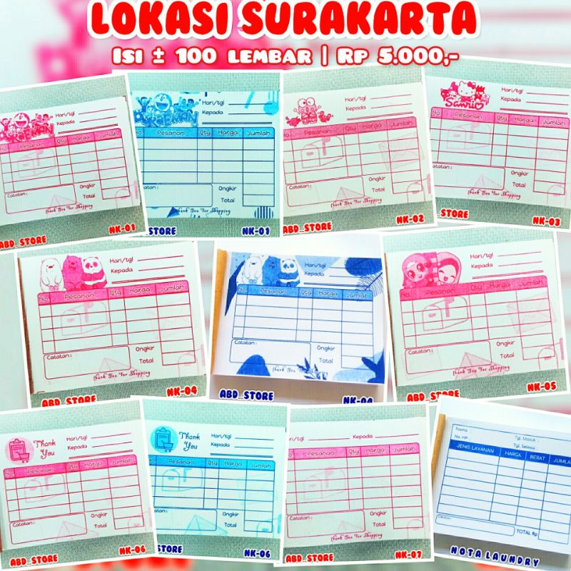 

Nota penjualan olshop onlineshop murah karakter bahan kertas hvs 70 gram isi 100 warna merah biru