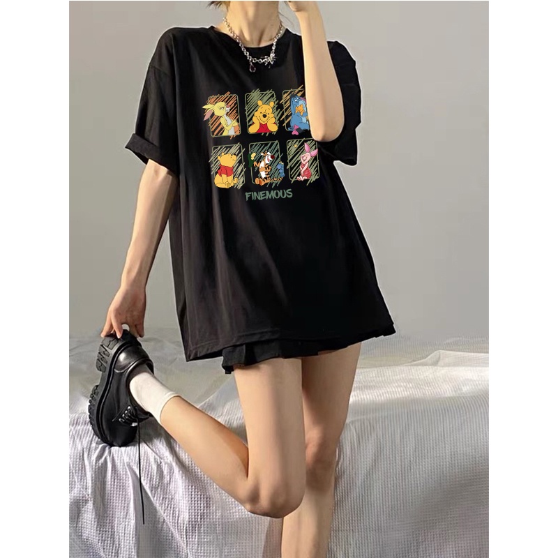 kaos atasan wanita oversize cartoon doodle T-shirt lengan pendek korean style kekinian printing baju wanita kaos Hitam