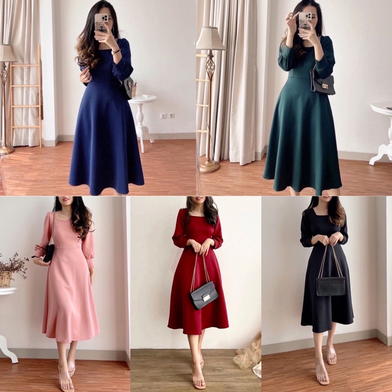 Aurelia Dress Korean Scuba Vintage Casual Midi Basic Polos Simple Dinner Lengan Panjang Sopan Formal