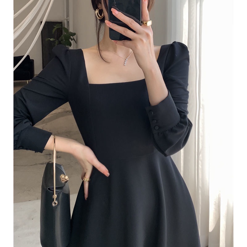 Midi Dress Korea Polos Hitam Kerah Persegi Fashion Summer Terbaru