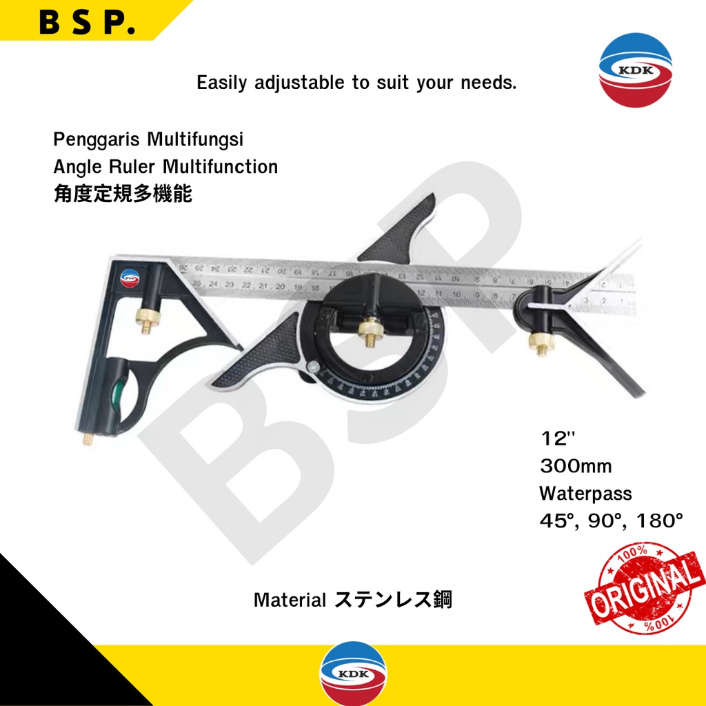 

KDK Japan - Penggaris Multifungsi Stainless 12" 30cm / Angle Meter Multifunction 3 IN 1 / Penggaris Ukur Sudut 0 - 180° / Penggaris Ukur Kemiringan Waterpass