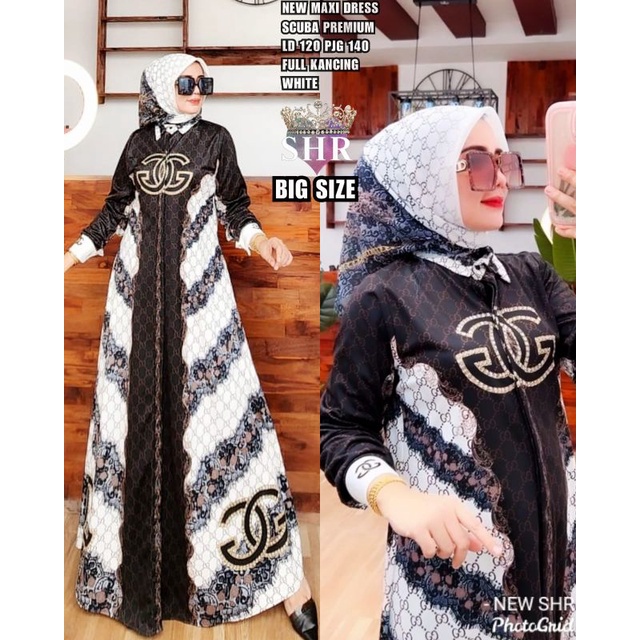 NEW!! READY!! MAXI DRESS SCUBA JUMBO PRINT LD 120 /140 ORI SHR 100%-HITAM NEW