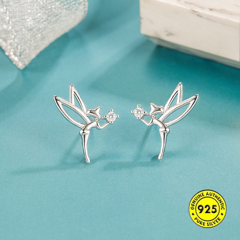 Anting Tusuk Sterling Silver 925 Desain Sayap Peri Hias Berlian Imitasi Untuk Wanita U1054