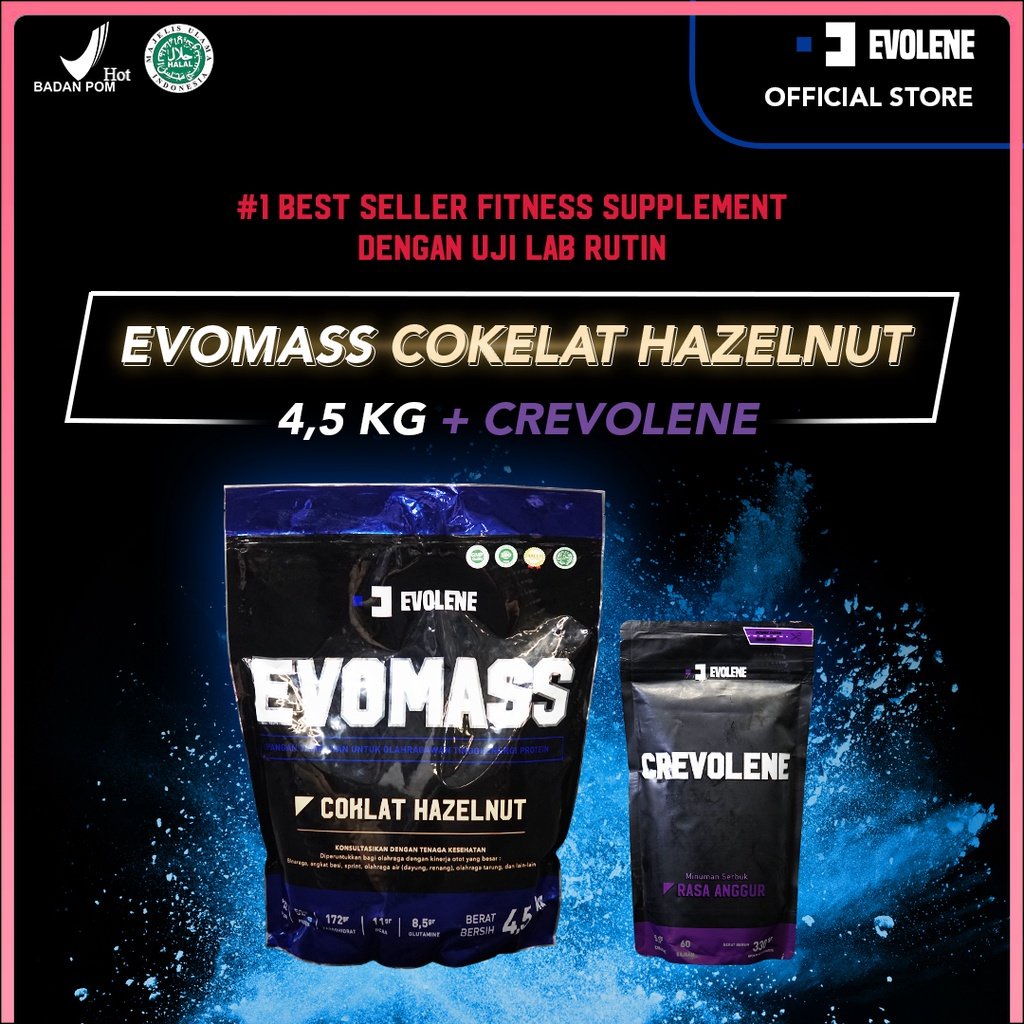 

Evolene Evomass Coklat Hazelnut 4500gr/20x serving + Crevolene 330gr/60x serving + Shaker Samarinda