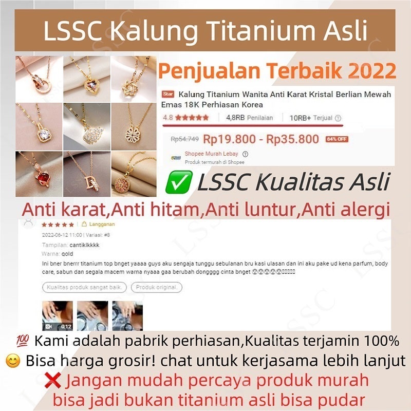 Kalung Titanium Wanita Anti Karat Kristal Berlian Mewah Emas 18K Perhiasan Korea