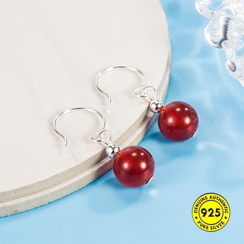 Anting Kait Gantung Batu Giok Hetian Merah Vintage Untuk Wanita U1032